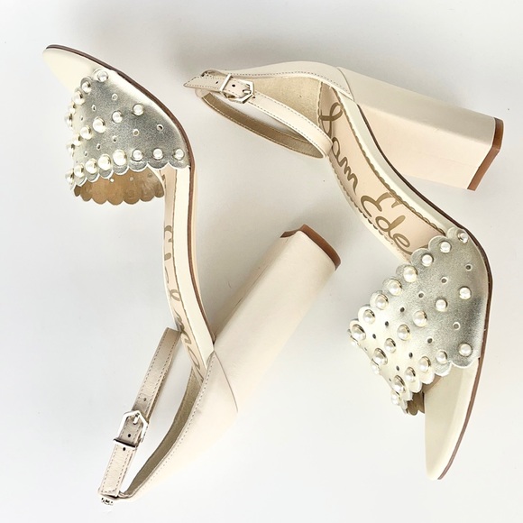 SAM EDELMAN | 👡Cream Leather Pearls Beaded Block Heel Shoes - Picture 8 of 10
